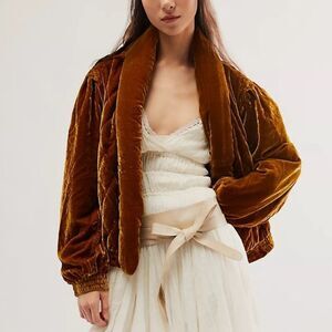 Free People Velvet Quilted  Topaz Gold Bomber Oversized Jacket(Size XS)